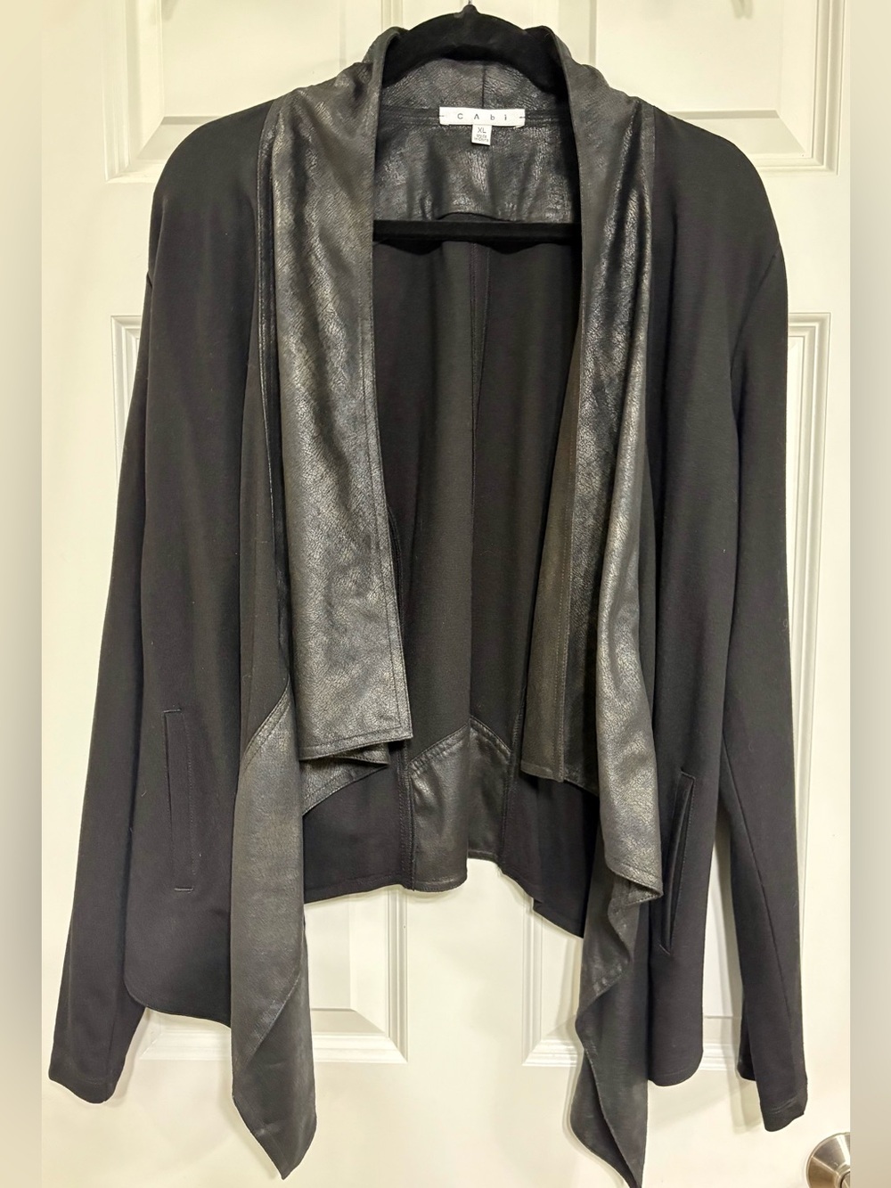 CAbi Metallic Black Faux Leather-Trim Cardigan